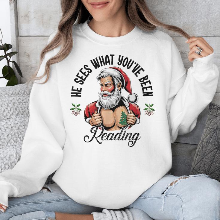 He Sees What You'Ve Been Reading Santa Xmas Book Lover Unisex Sweatshirt