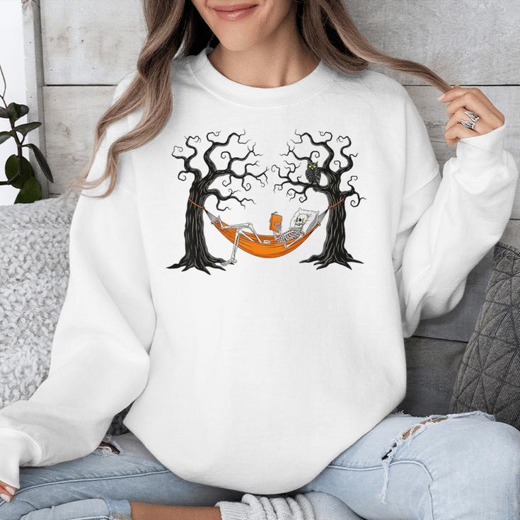 Skeleton Reading Book In Hammock Halloween Reader Unisex Sweatshirt