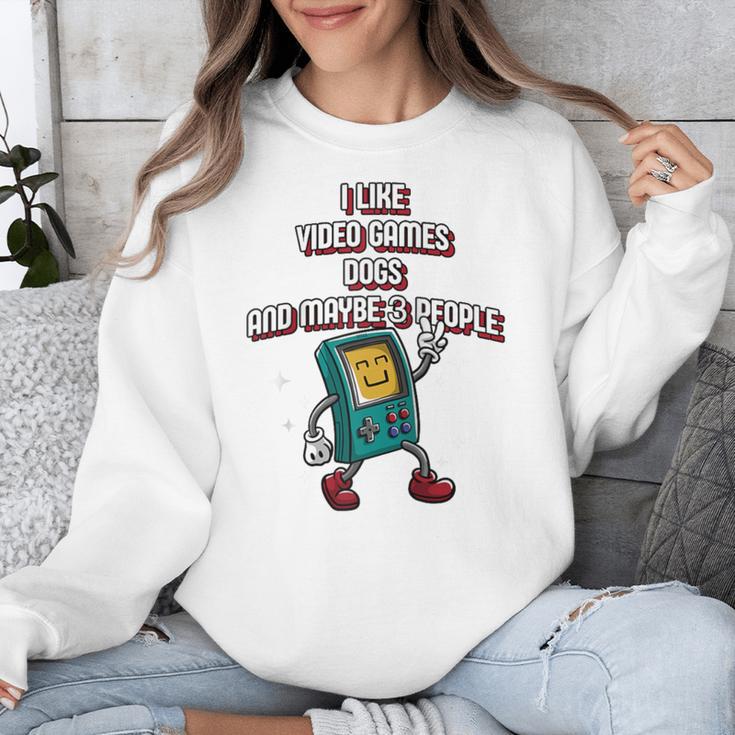 I Like Video Games Dogs And Maybe 3 People Gamer Introvert Raglan Baseball Tee Unisex Sweatshirt