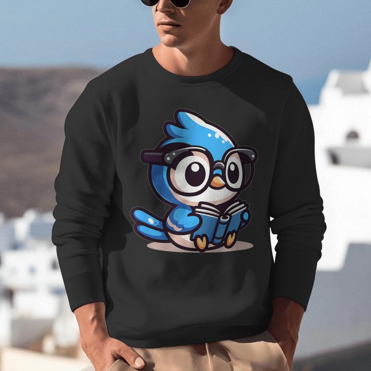 Adorable Book Lover Blue Jay With Reading Glasses Cute Unisex Sweatshirt