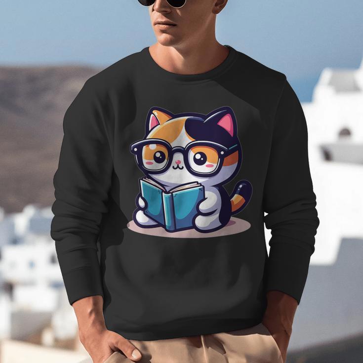 Adorable Book Lover Calico Cat With Reading Glasses Cute For Men Women Kids Unisex Sweatshirt