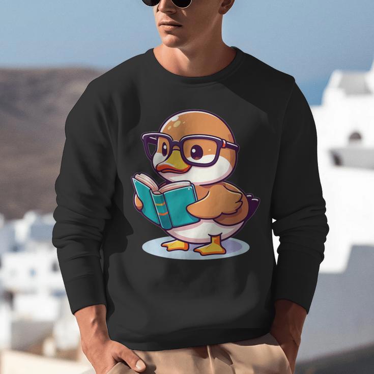 Adorable Book Lover Mallard Duck With Reading Glasses Cute Unisex Sweatshirt