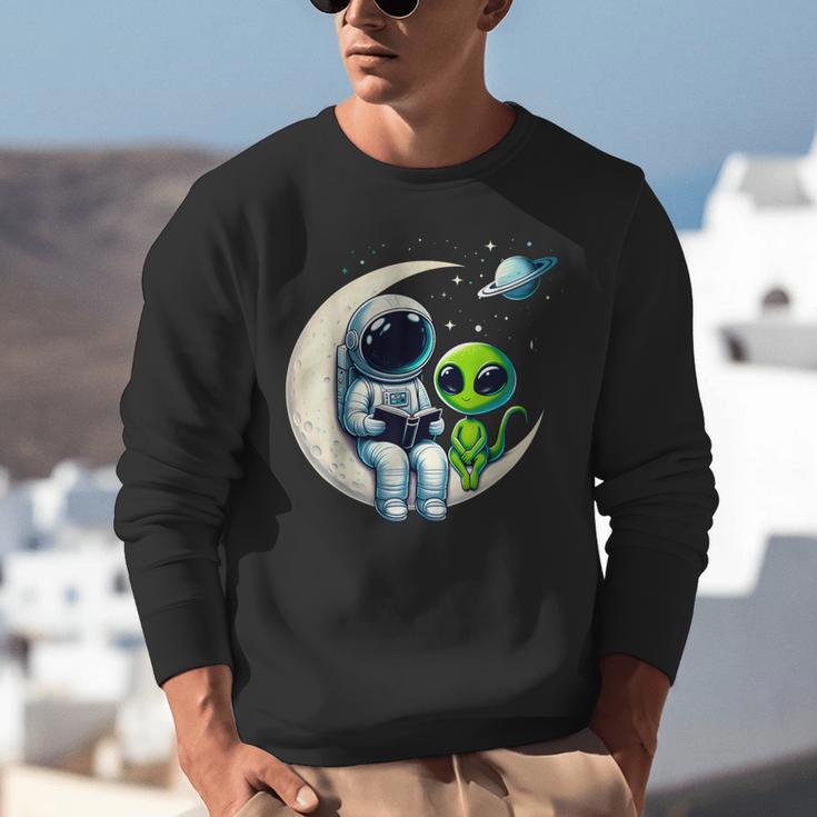 Astronaut Reading Book To Alien Shirt Moon Space Lover Kids Unisex Sweatshirt