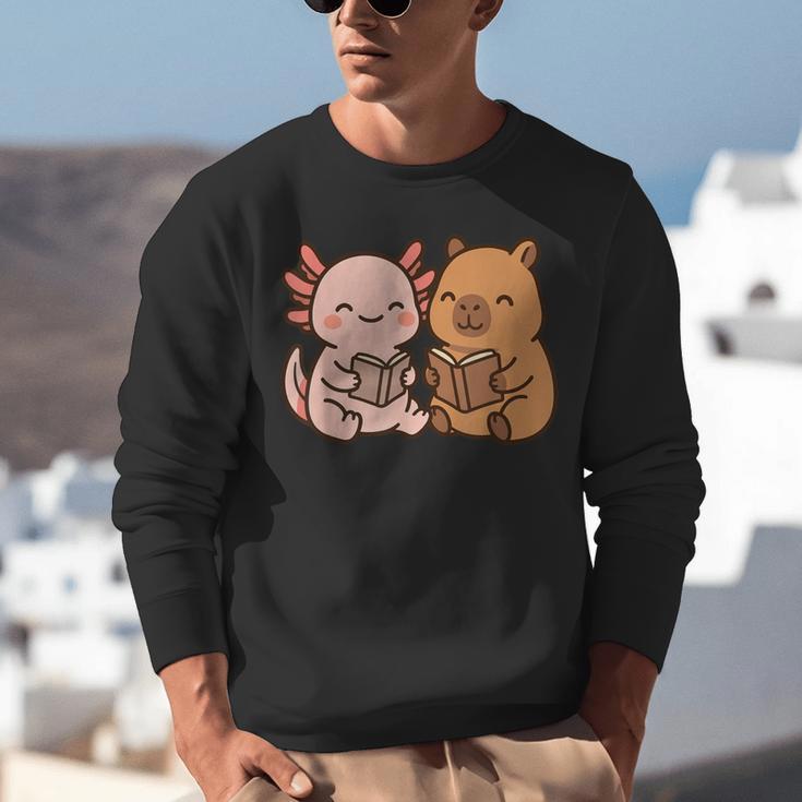 Capybara Axolotl Kawaii Kids Anime Book Lover Reading Unisex Sweatshirt