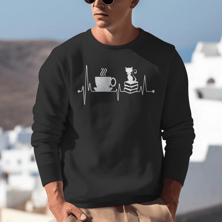Cat Book Coffee Lover Heartbeat Cat Lover Book Lover Unisex Sweatshirt