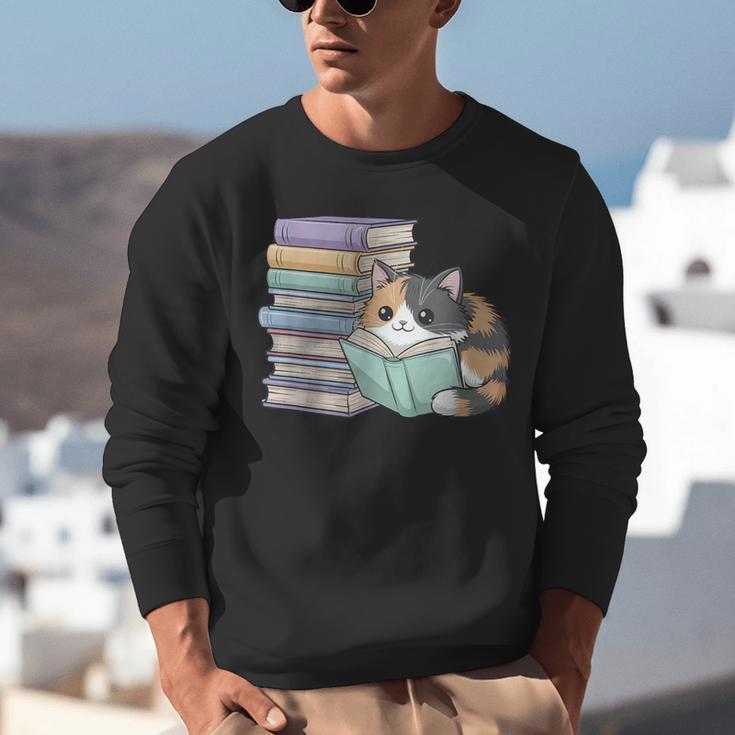 Cat On Books Pets Cats Reading Book Nerd Read Reader Bookcat Unisex Sweatshirt
