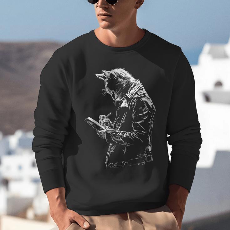 Cat Holds Book Writing Animal Print Motif Drawing Art Cat Unisex Sweatshirt