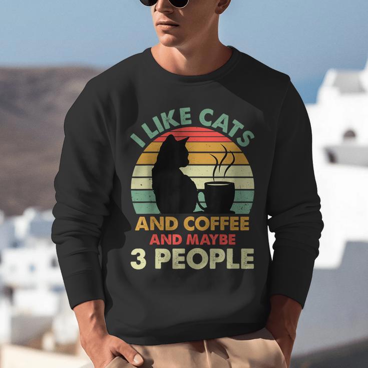 Cats Coffee & 3 People Tee Cute Font Introvert Humor Unisex Sweatshirt