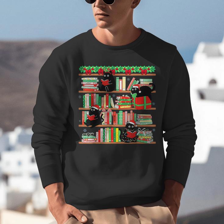 Christmas Cat Santa Bookshelves Book Lover Reader Unisex Sweatshirt