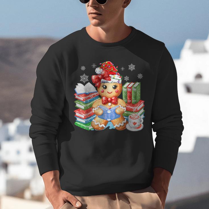 Christmas Gingerbread Man Reading Book Snowflake Teacher Unisex Sweatshirt
