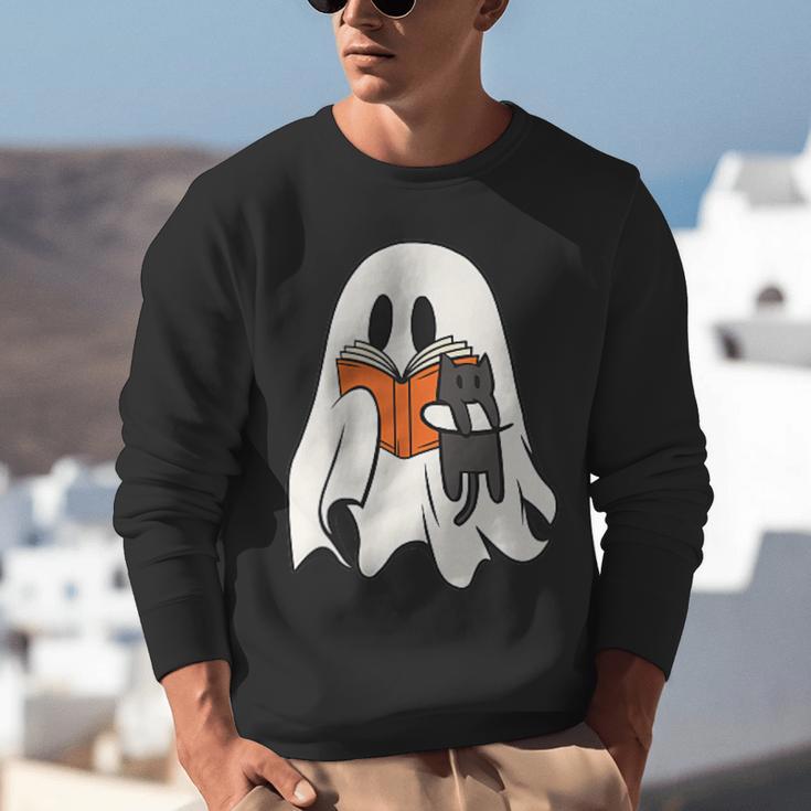 Cute Ghost Cat Reading Book Spooky Season Halloween Costume Unisex Sweatshirt
