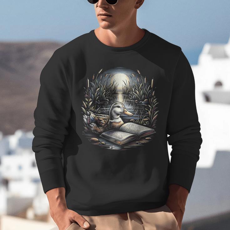 Duck Reading Book Full Moon Lake Scenery Unisex Sweatshirt