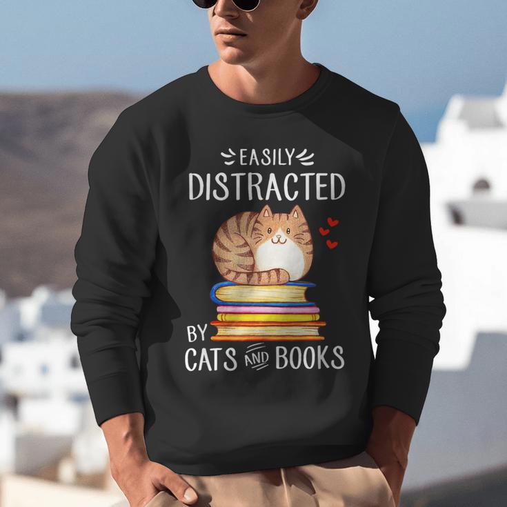 Easily Distracted By Cats And Books Reading Lover Bookish Unisex Sweatshirt