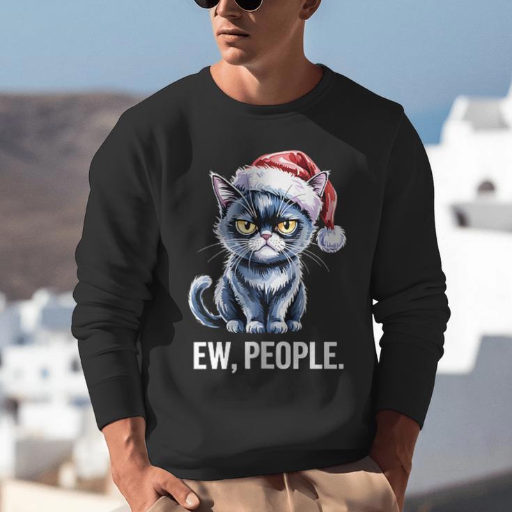 Ew People Christmas Cat Santa Hat Dad Introvert Unisex Sweatshirt