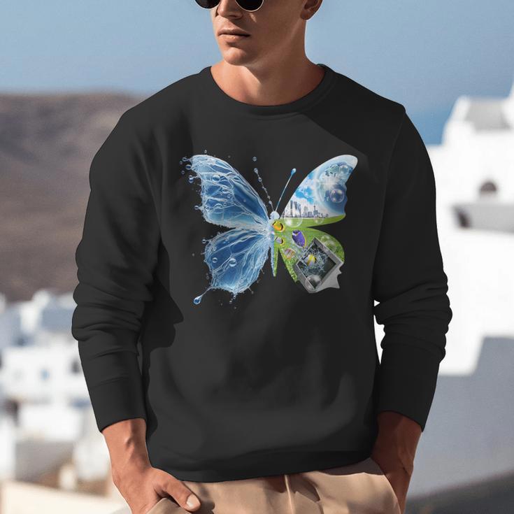 Frutiger Aero Aesthetic Butterfly Computer Fishes Scenery Unisex Sweatshirt