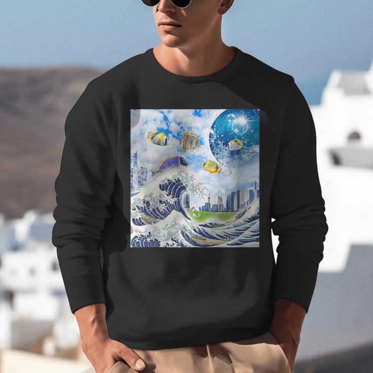 Frutiger Aero Aesthetic Tech Great Wave Of Kanagawa Fishes Unisex Sweatshirt