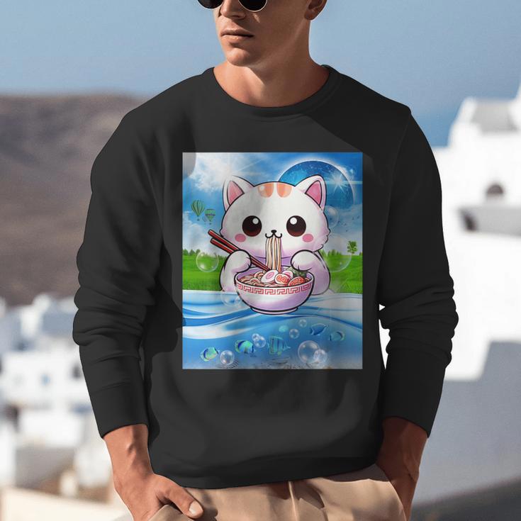 Frutiger Aero Aesthetic Tech Kawaii Ramen Cat Fishes Unisex Sweatshirt