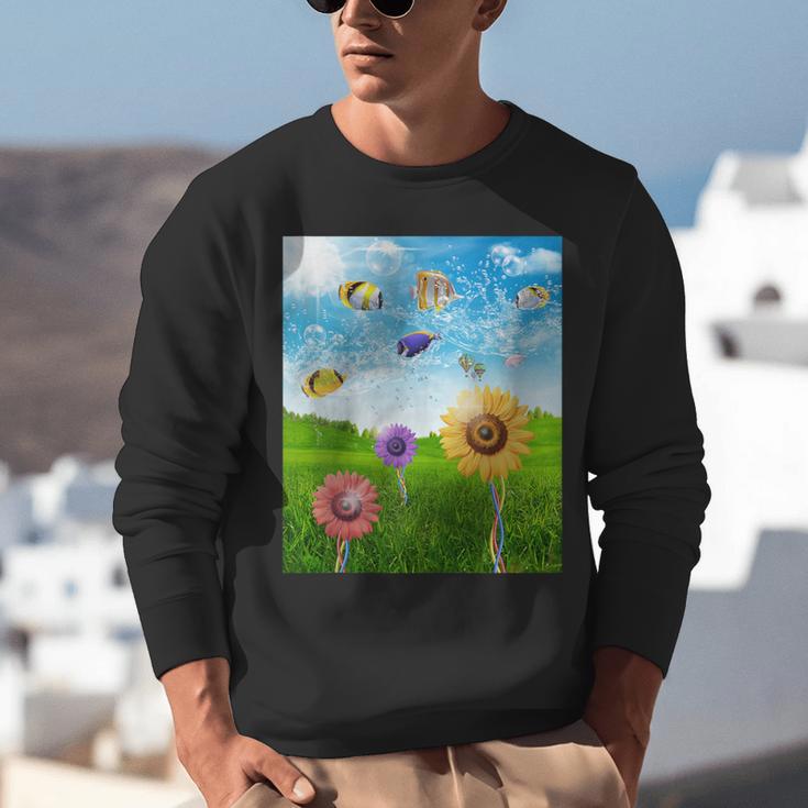 Frutiger Aero Aesthetic Tech Scenery Fishes Sunflower Unisex Sweatshirt