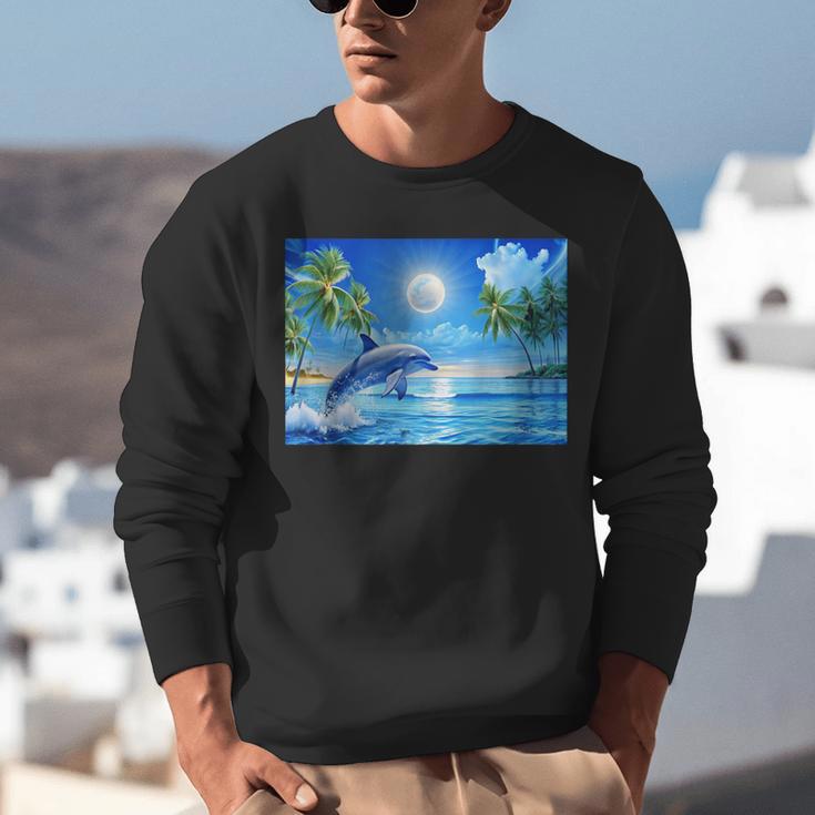 Frutiger Aero Dolphin Sunset Ocean With Palm Trees Y2k Unisex Sweatshirt