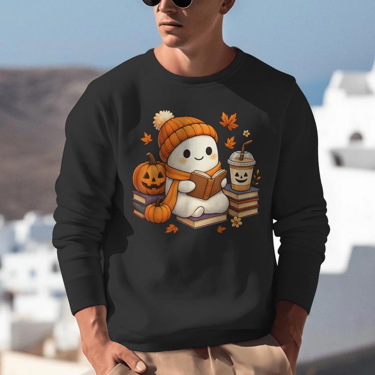 Halloween Ghost Reading Book Lovers Coffee Girl Women Unisex Sweatshirt