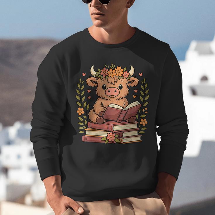 Highland Cow Reading Book Graphic Cow With Book Floral Unisex Sweatshirt