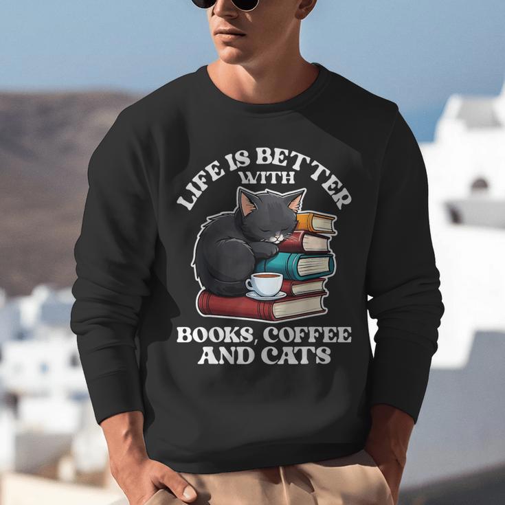 Life Is Better With Books Cats & Coffee Librarian Book Lover Unisex Sweatshirt