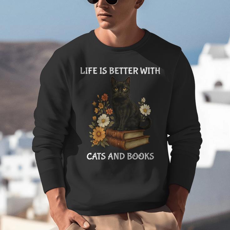 Life Is Better With Cats And Books Cute Cat Lover For Men Women Kids Unisex Sweatshirt
