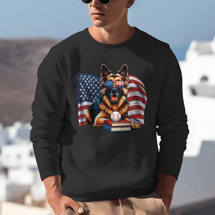 Patriotic German Shepherd Books Baseball USA Flag Vintage Unisex Sweatshirt