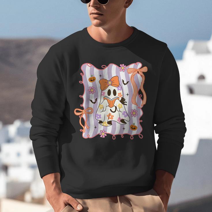 Preppy Coquette Bow Ghost Reading Books Halloween Book Unisex Sweatshirt