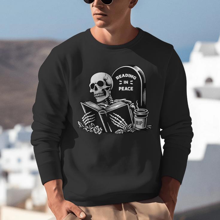 READING IN PEACE RIP Introvert Skeleton Read Book Meme Unisex Sweatshirt READING IN PEACE RIP Introvert Skeleton Read Book Meme Unisex Sweatshirt