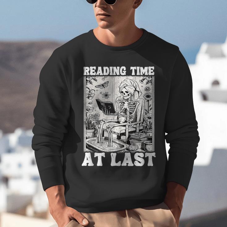 Reading Time At Last Book Lover Introvert Skeleton Reading Unisex Sweatshirt