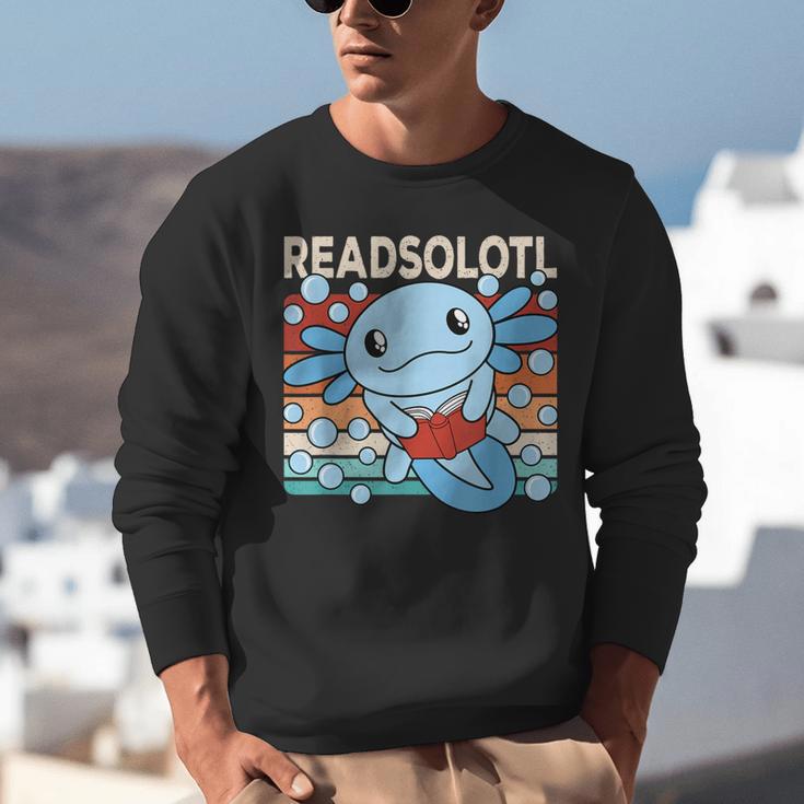 Readsolotl Blue Kawaii Axolotl Book Lover Reading Retro Unisex Sweatshirt