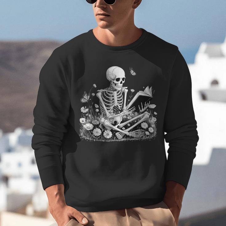 Skeleton Reading Book Floral Dark For Book Lovers Unisex Sweatshirt