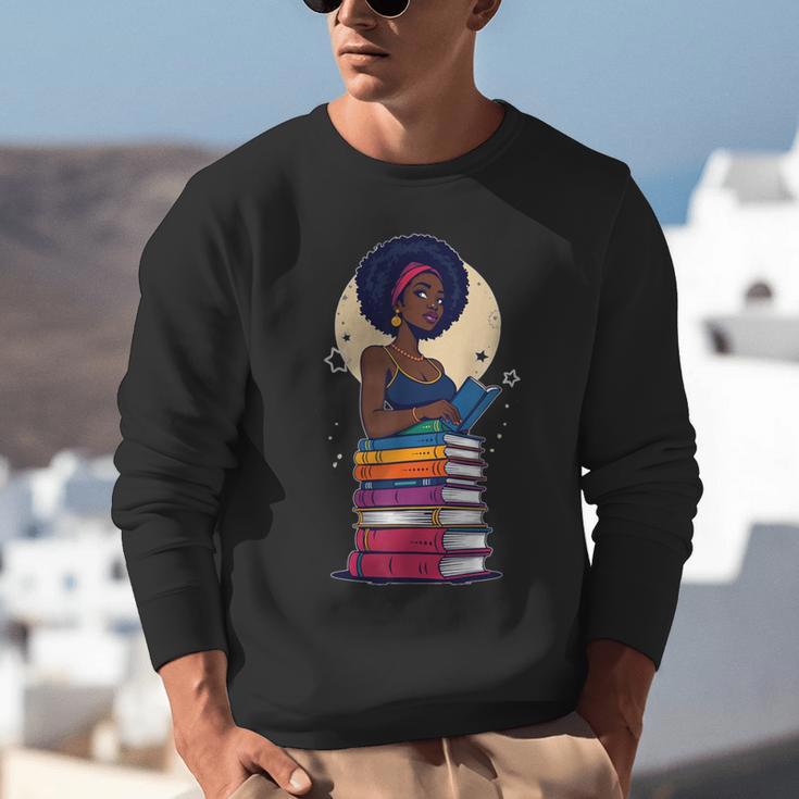 Woman And Books Stack Afro Girl Reading Lover Unisex Sweatshirt