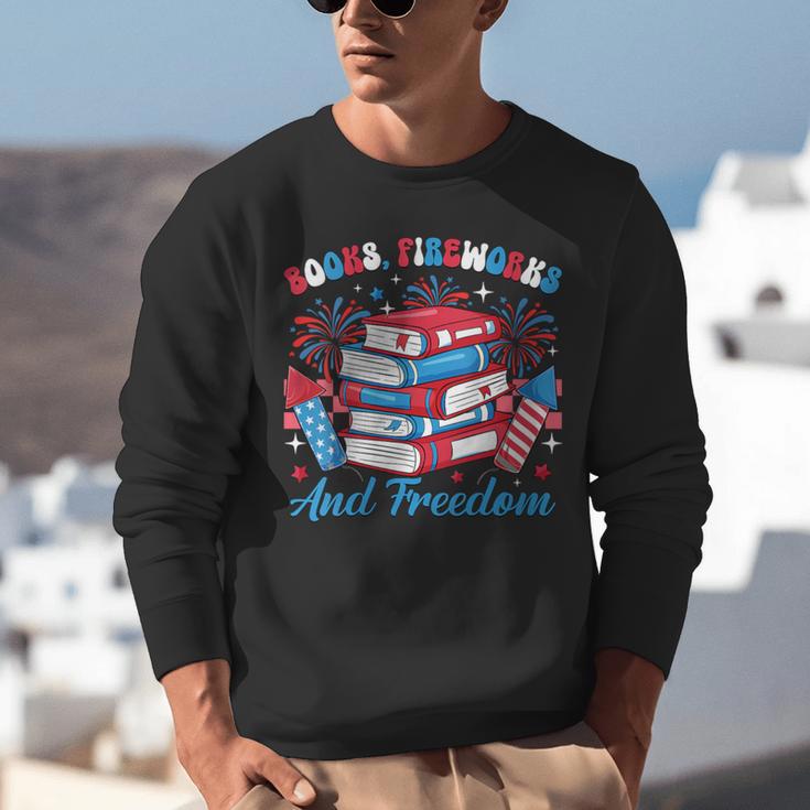 Women's Books Fireworks And Freedom Independence Day Book Lover Unisex Sweatshirt