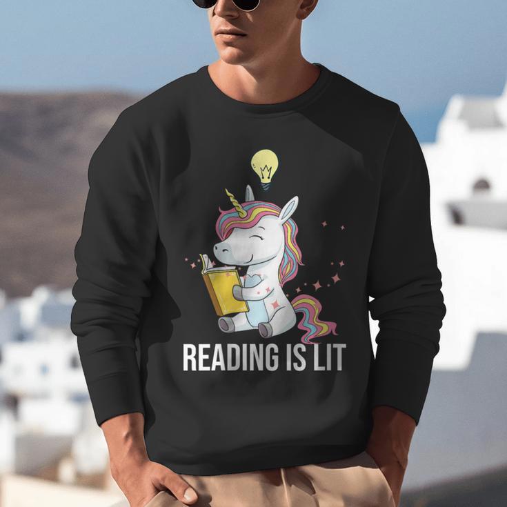 Women's Reading Is Lit Unicorn Library English Teacher Book Lover Unisex Sweatshirt