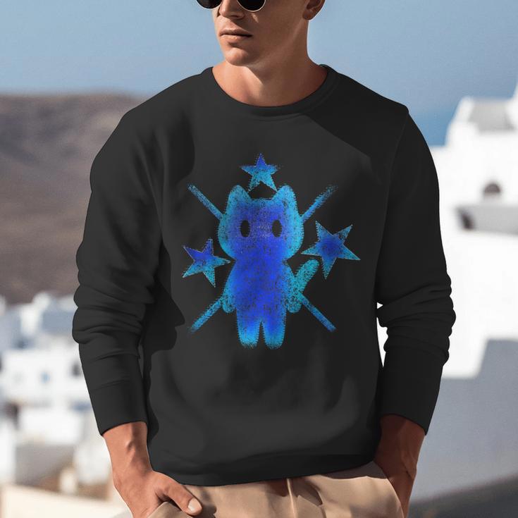 Yk2 Grunge Earthy Blue Cat With Stars Tomboy 90s Nostalgia Unisex Sweatshirt