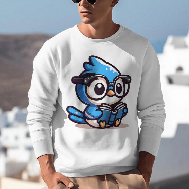 Adorable Book Lover Blue Jay With Reading Glasses Cute Raglan Baseball Tee Unisex Sweatshirt