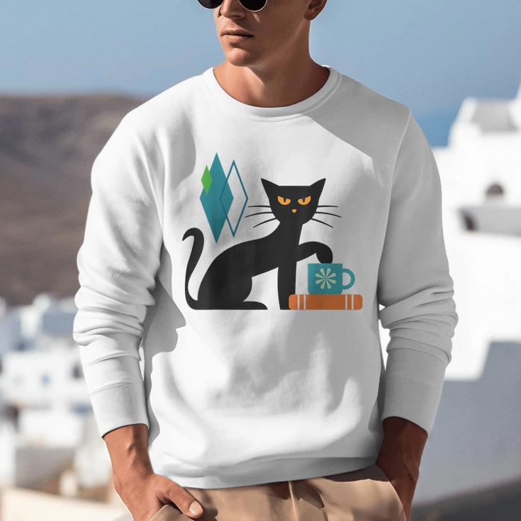 Cat Midcentury With Book And Coffee Atomic Age Mid Century Unisex Sweatshirt