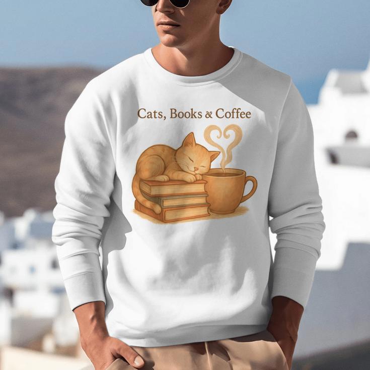 Cats Books And Coffee Heart Cozy Cat Lover Bookworm Readers Unisex Sweatshirt