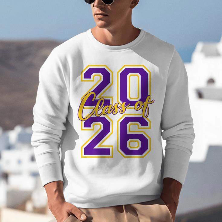 Class Of 2026 Graduation Varsity Purple Yellow On The Back Unisex Sweatshirt