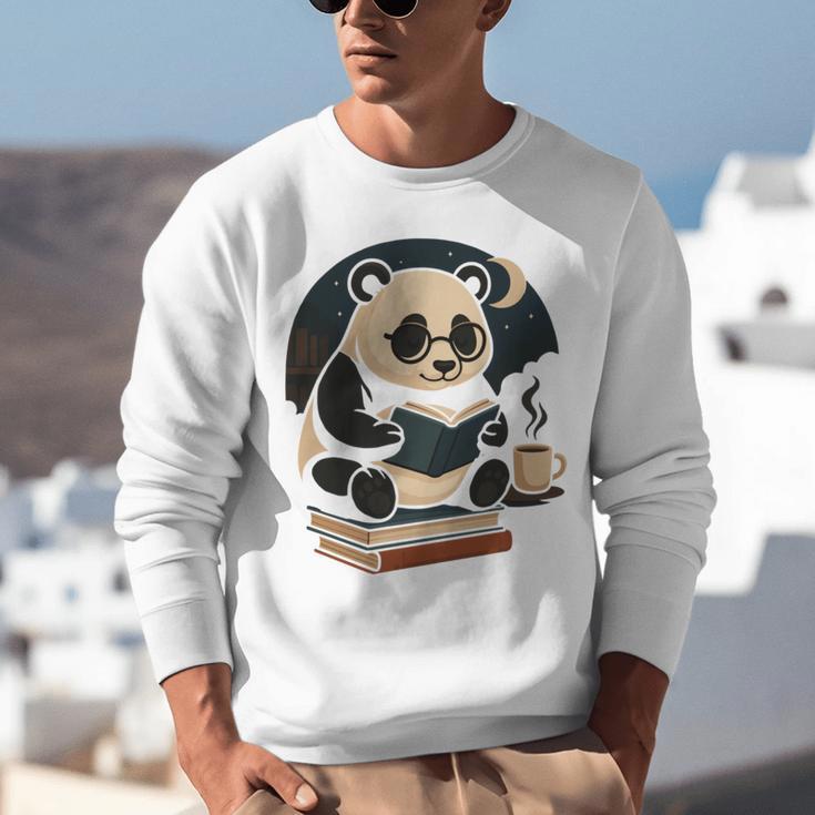 Cute Panda Reading Book Under Moon Bookworm Coffee Lover Unisex Sweatshirt