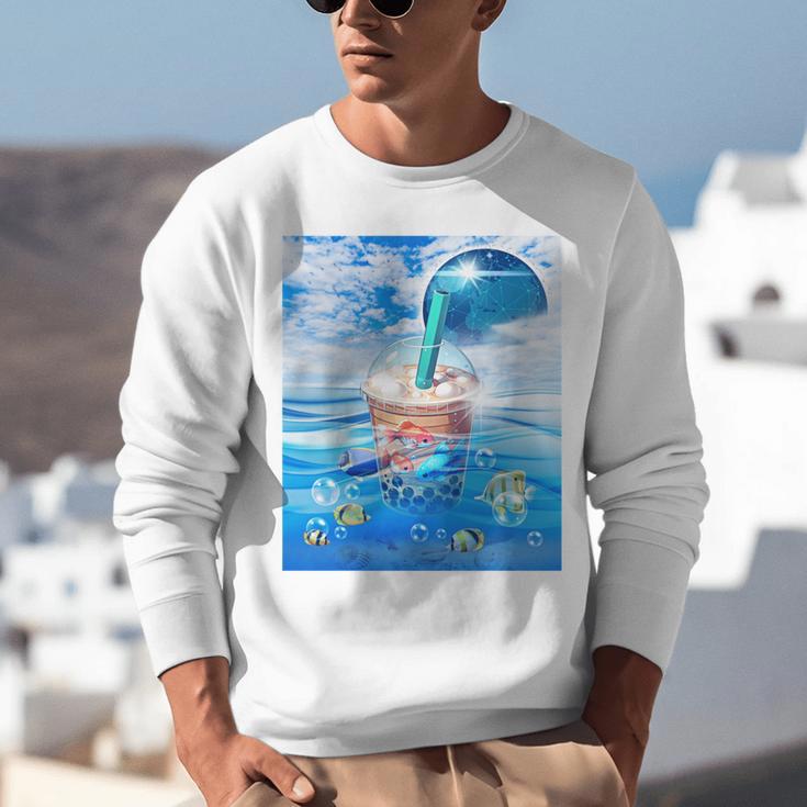 Frutiger Aero Aesthetic Tech Bubble Tea Boba Milktea Fishes Unisex Sweatshirt