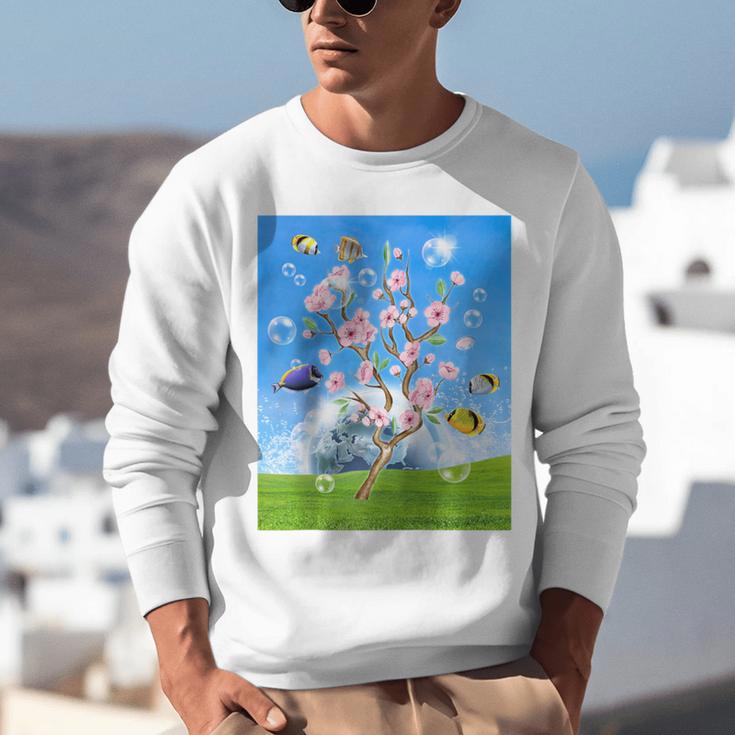 Frutiger Aero Aesthetic Tech Cherry Blossom Fishes Bubbles Raglan Baseball Tee Unisex Sweatshirt