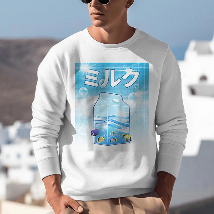 Frutiger Aero Aesthetic Tech Kawaii Milk Underwater Fishes Raglan Baseball Tee Unisex Sweatshirt