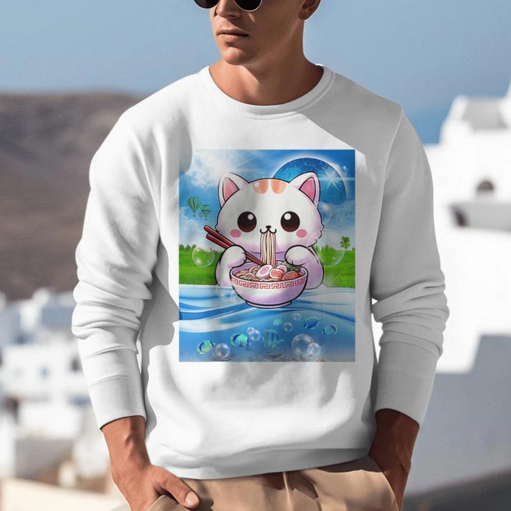 Frutiger Aero Aesthetic Tech Kawaii Ramen Cat Fishes Raglan Baseball Tee Unisex Sweatshirt