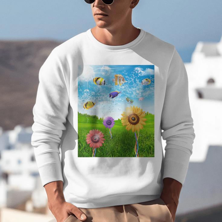 Frutiger Aero Aesthetic Tech Scenery Fishes Sunflower Raglan Baseball Tee Unisex Sweatshirt