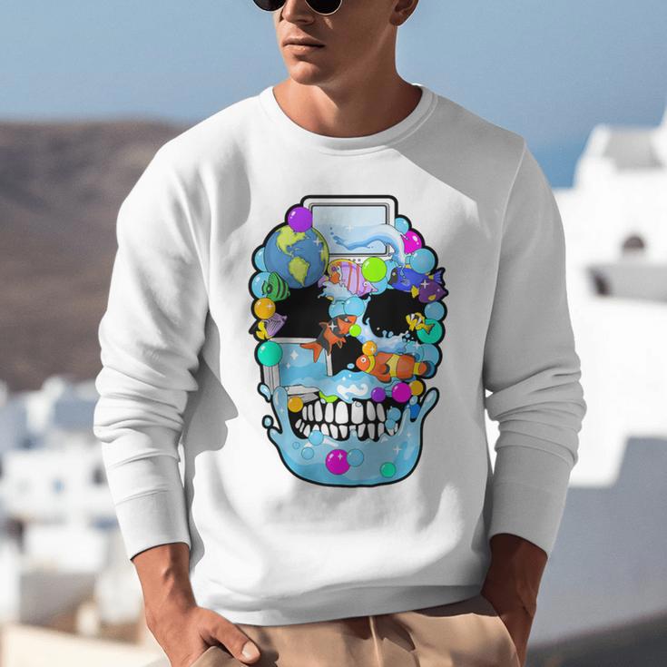 Frutiger Aero Aesthetic Tech Skull Computer Fishes Raglan Baseball Tee Unisex Sweatshirt