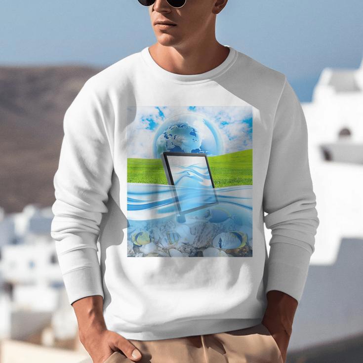 Frutiger Aero Aesthetic Tech Water Fishes Monitor Screen Raglan Baseball Tee Unisex Sweatshirt Frutiger Aero Aesthetic Tech Water Fishes Monitor Screen Raglan Baseball Tee Unisex Sweatshirt
