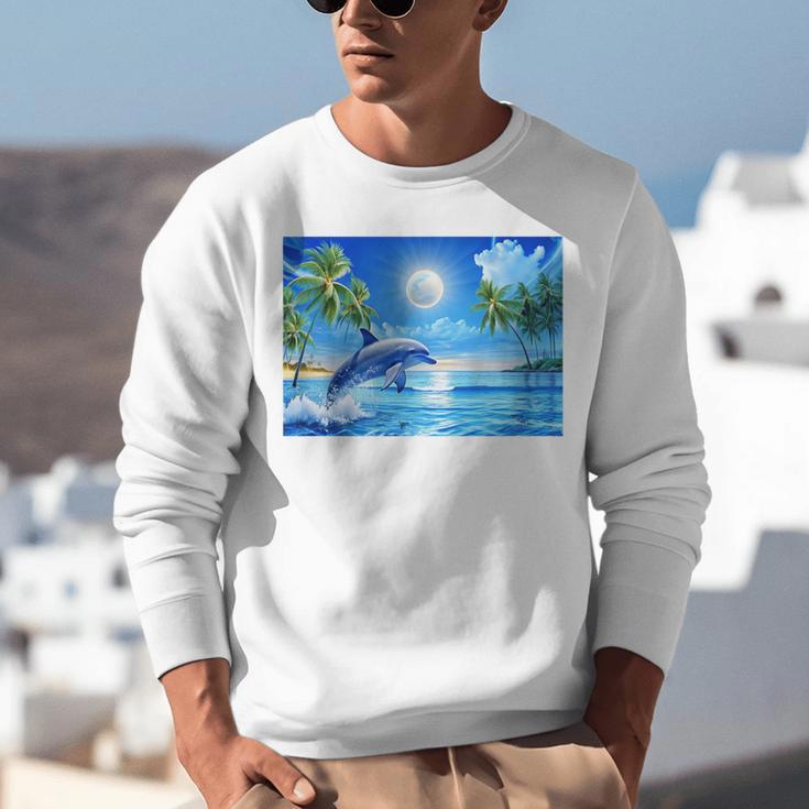 Frutiger Aero Dolphin Sunset Ocean With Palm Trees Y2k Premium Unisex Sweatshirt